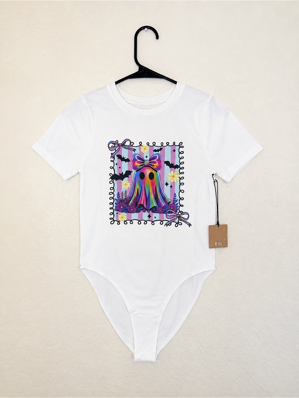 Women’s White One-Piece Bodysuit with Colorful Ghost Graphic